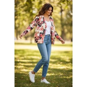 Talbots Womens Floral Button Front Cardigan Pink White Cotton Blend Size M